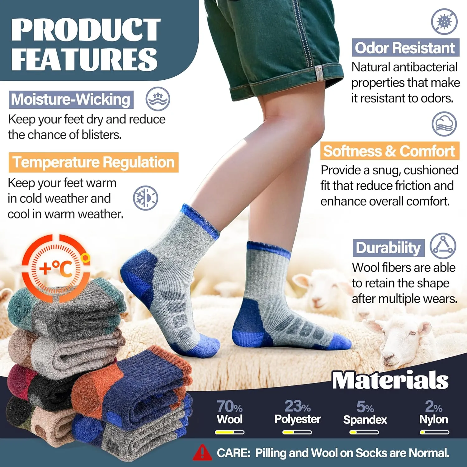 Anlisim Kids Merino Wool Hiking Socks Boys Girls Toddlers Thermal Winter Warm Boot Thick Cushion Gift Socks 6 Pairs