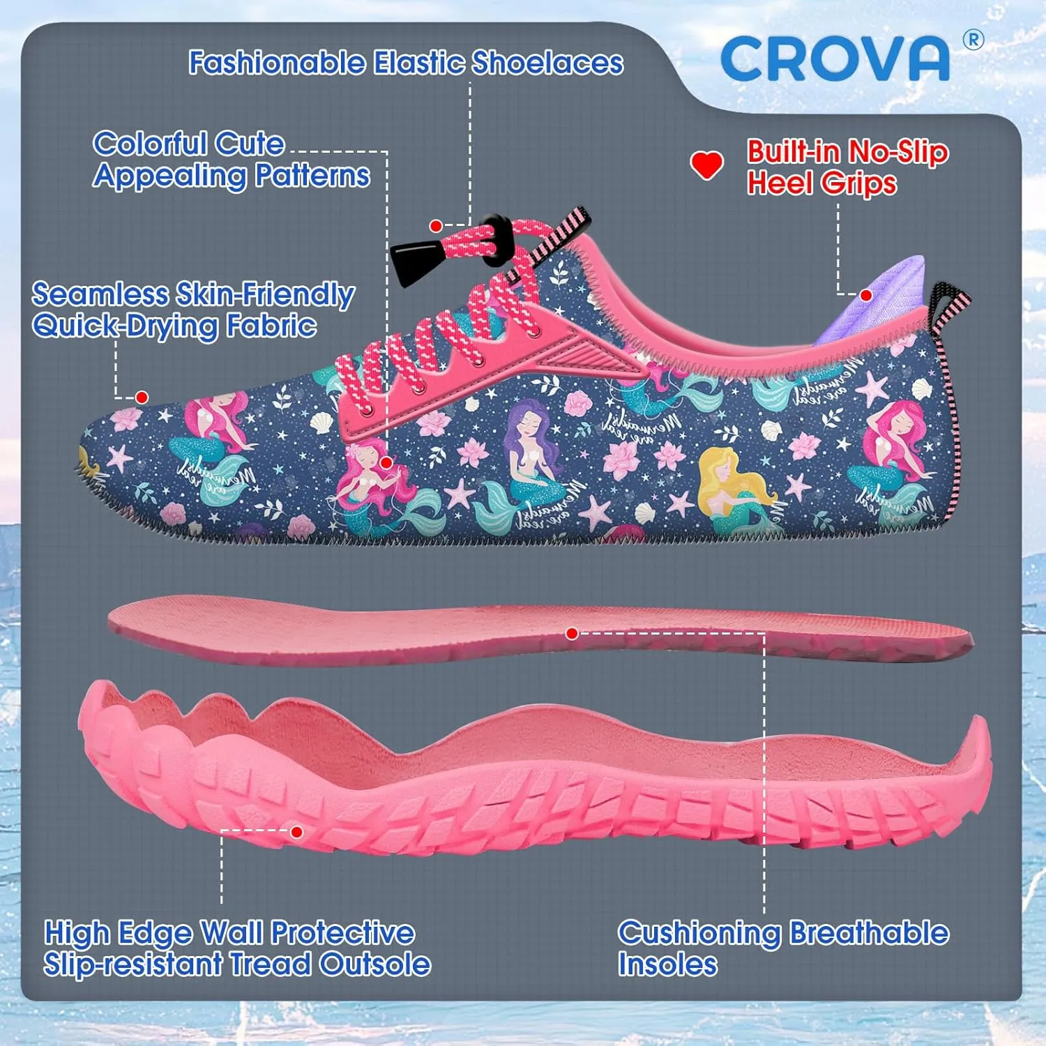 Built-in Heel Grips Water Shoes for Kids Girls Boys Hiking Wide Barefoot Swim Beach Pool Big Kid