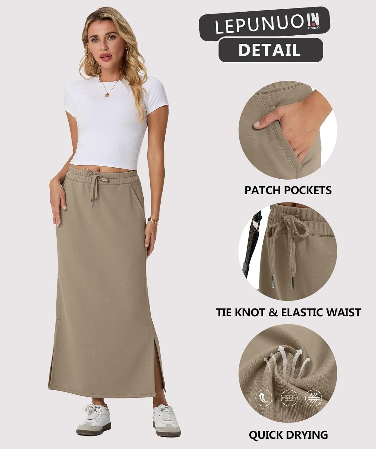 Lepunuo Casual Maxi Skirts for Womens High Waist Trendy Drawstring Side Slit Skirts with Pockets