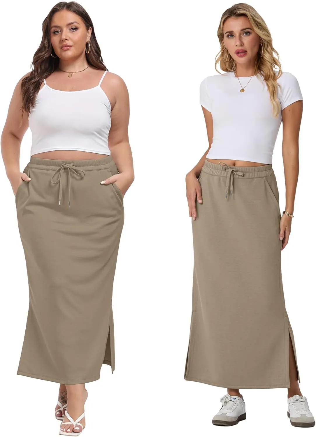 Lepunuo Casual Maxi Skirts for Womens High Waist Trendy Drawstring Side Slit Skirts with Pockets