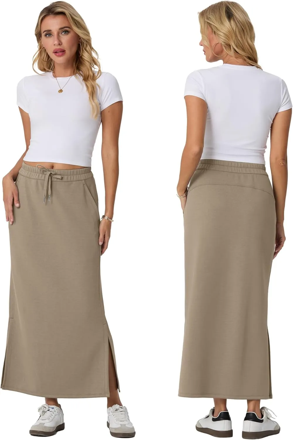Lepunuo Casual Maxi Skirts for Womens High Waist Trendy Drawstring Side Slit Skirts with Pockets
