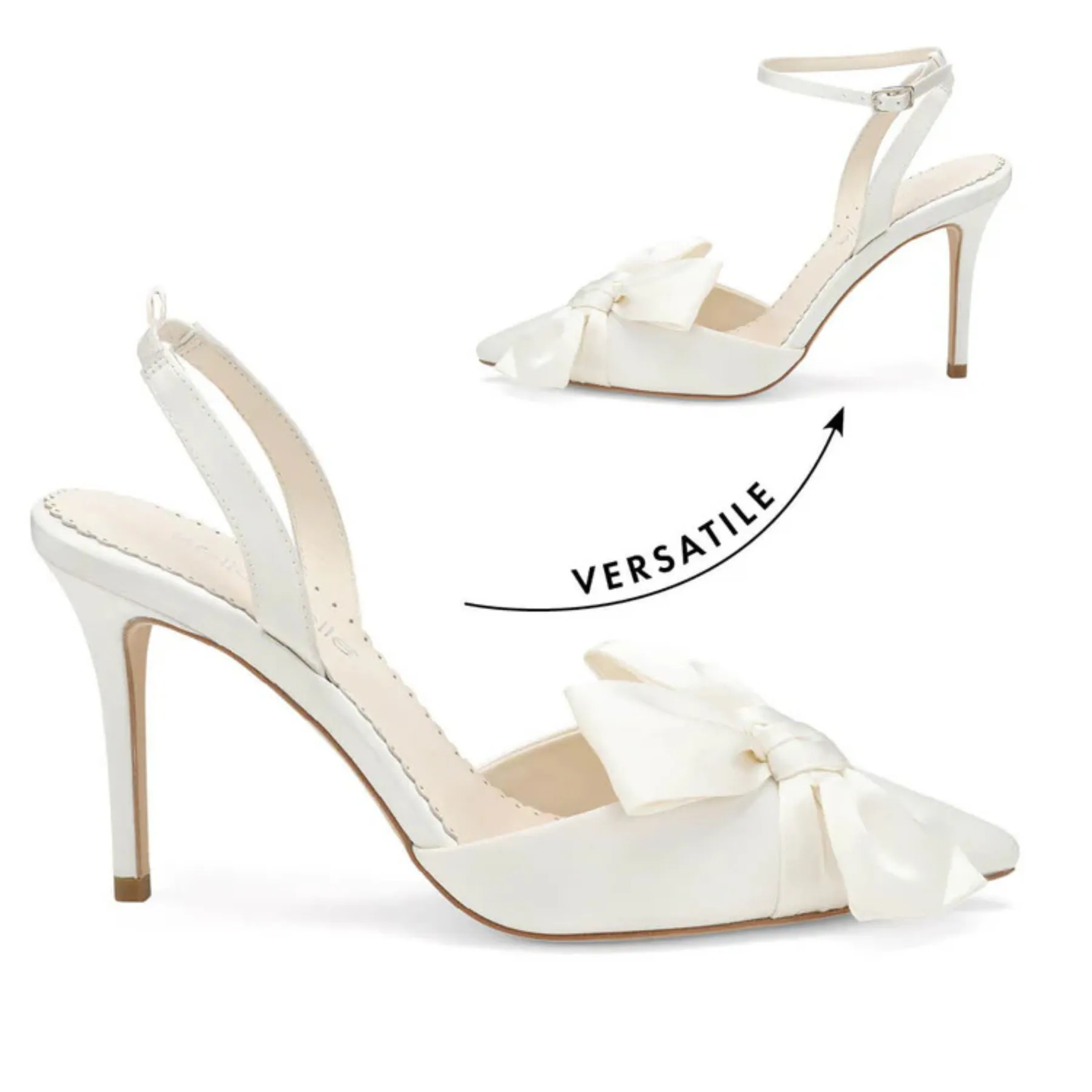 Rhodes - Bow Wedding Heels with Removable Ankle Straps - Ivory