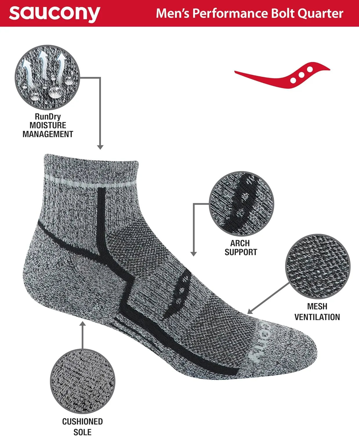 Saucony Men's RunDry Bolt Performance Quarter Socks, Available in L-XL (6, 12 Pairs)
