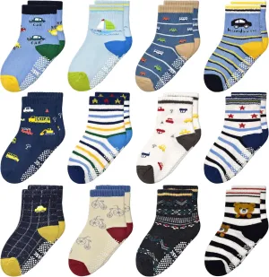 Tphon Non Slip Kids Toddler Socks with Grippers Baby 12 Pairs Anti Skid Socks for Boys Girls 0-7 Year Children