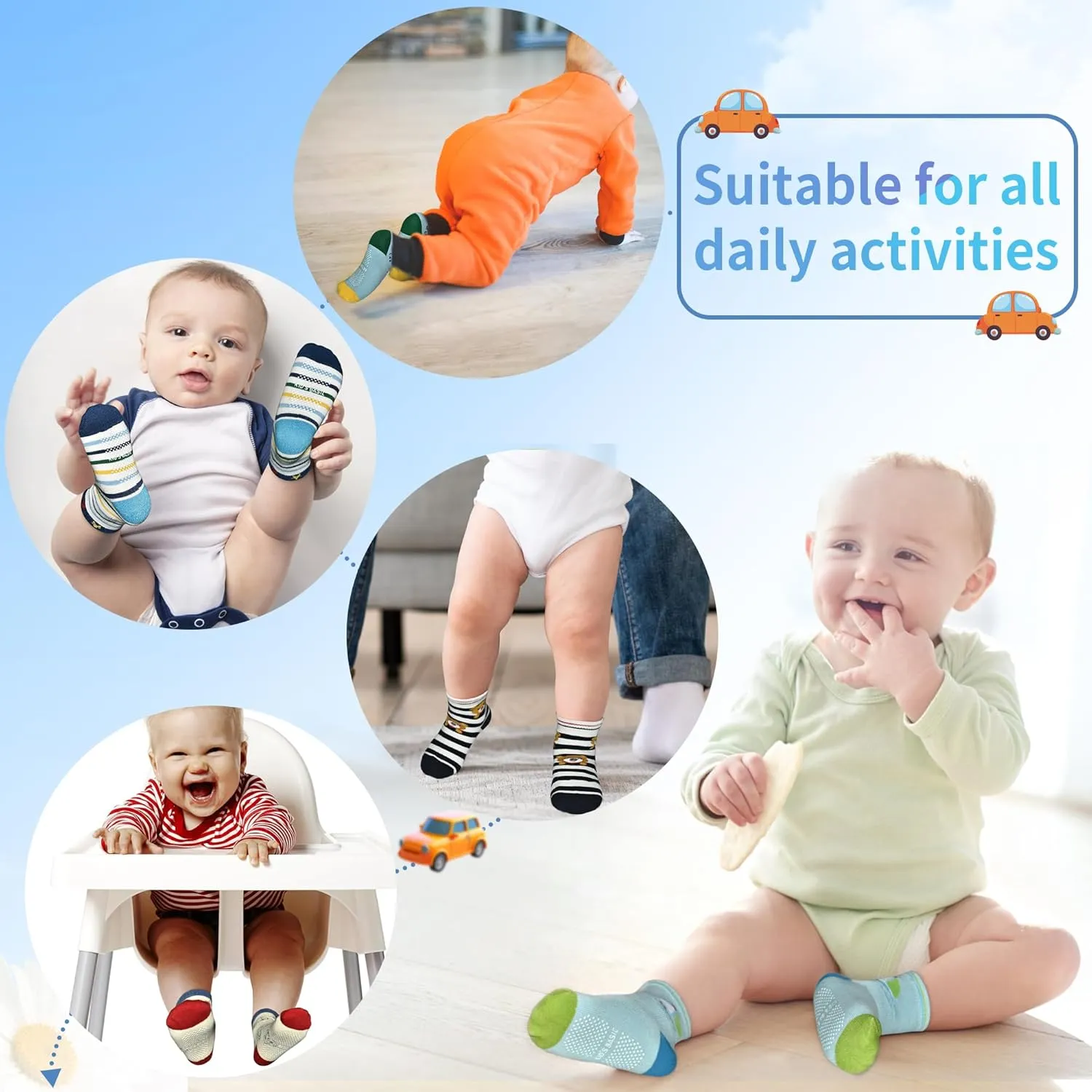 Tphon Non Slip Kids Toddler Socks with Grippers Baby 12 Pairs Anti Skid Socks for Boys Girls 0-7 Year Children