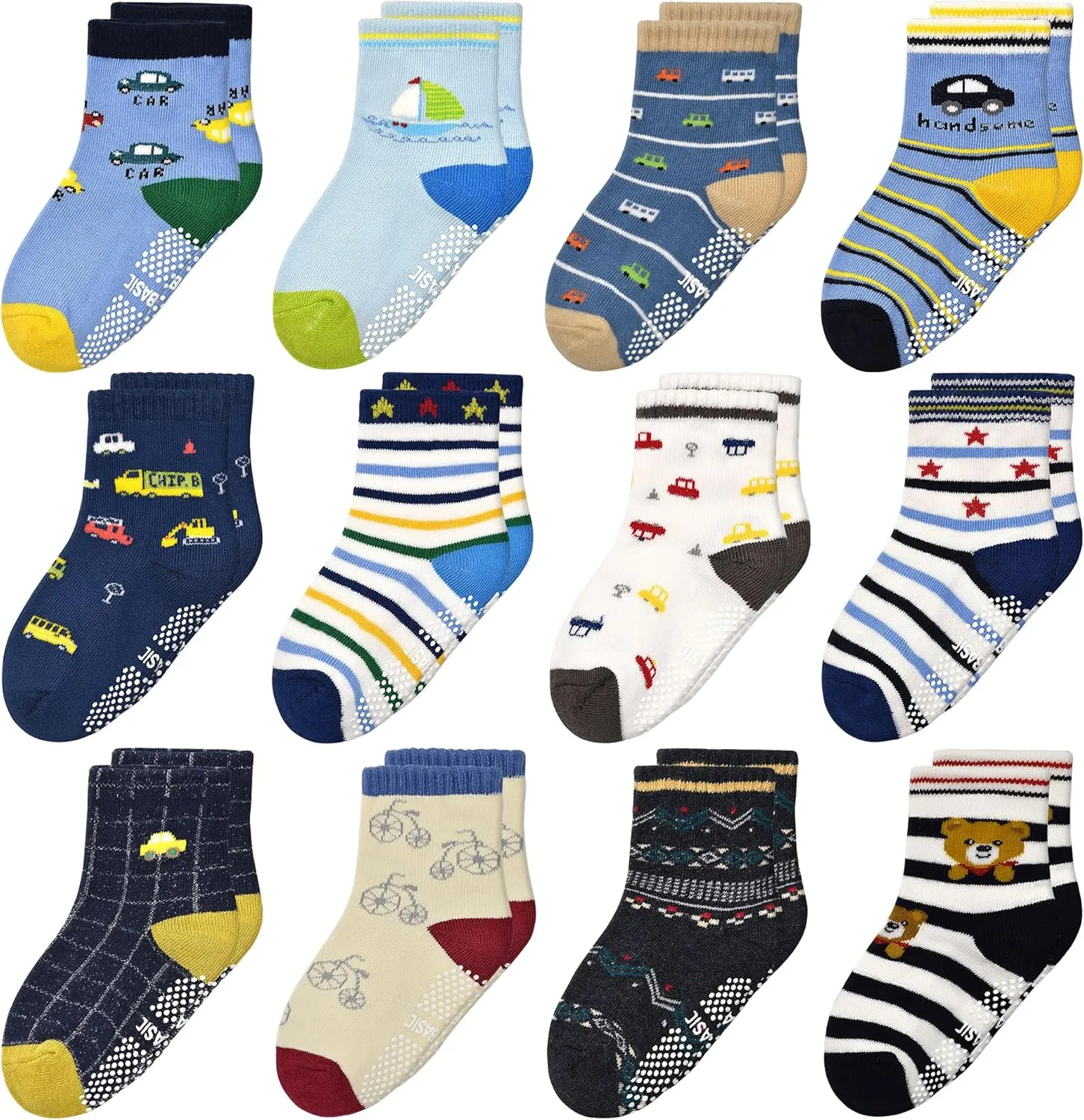 Tphon Non Slip Kids Toddler Socks with Grippers Baby 12 Pairs Anti Skid Socks for Boys Girls 0-7 Year Children