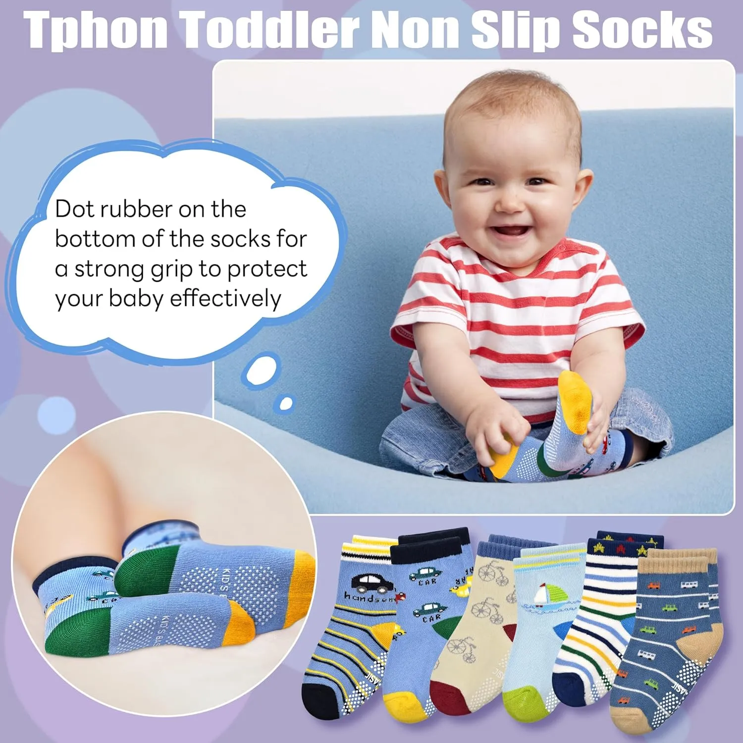 Tphon Non Slip Kids Toddler Socks with Grippers Baby 12 Pairs Anti Skid Socks for Boys Girls 0-7 Year Children