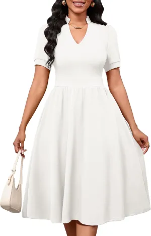Women Dresses Short Sleeve Semi-Formal Knee Length V Neck Casual Ladies Dress