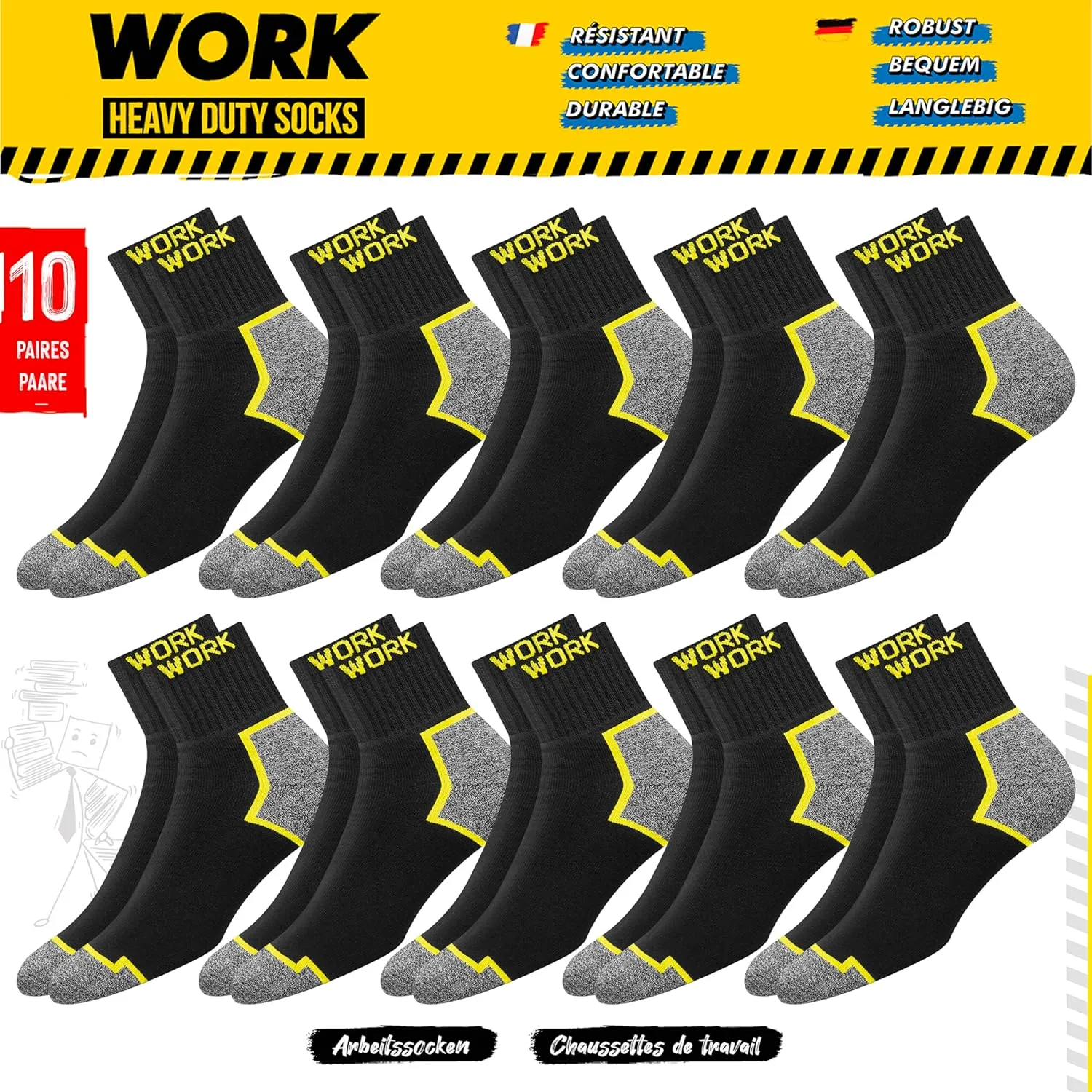 WORK Men's Quarter Socks Black 10 Pairs